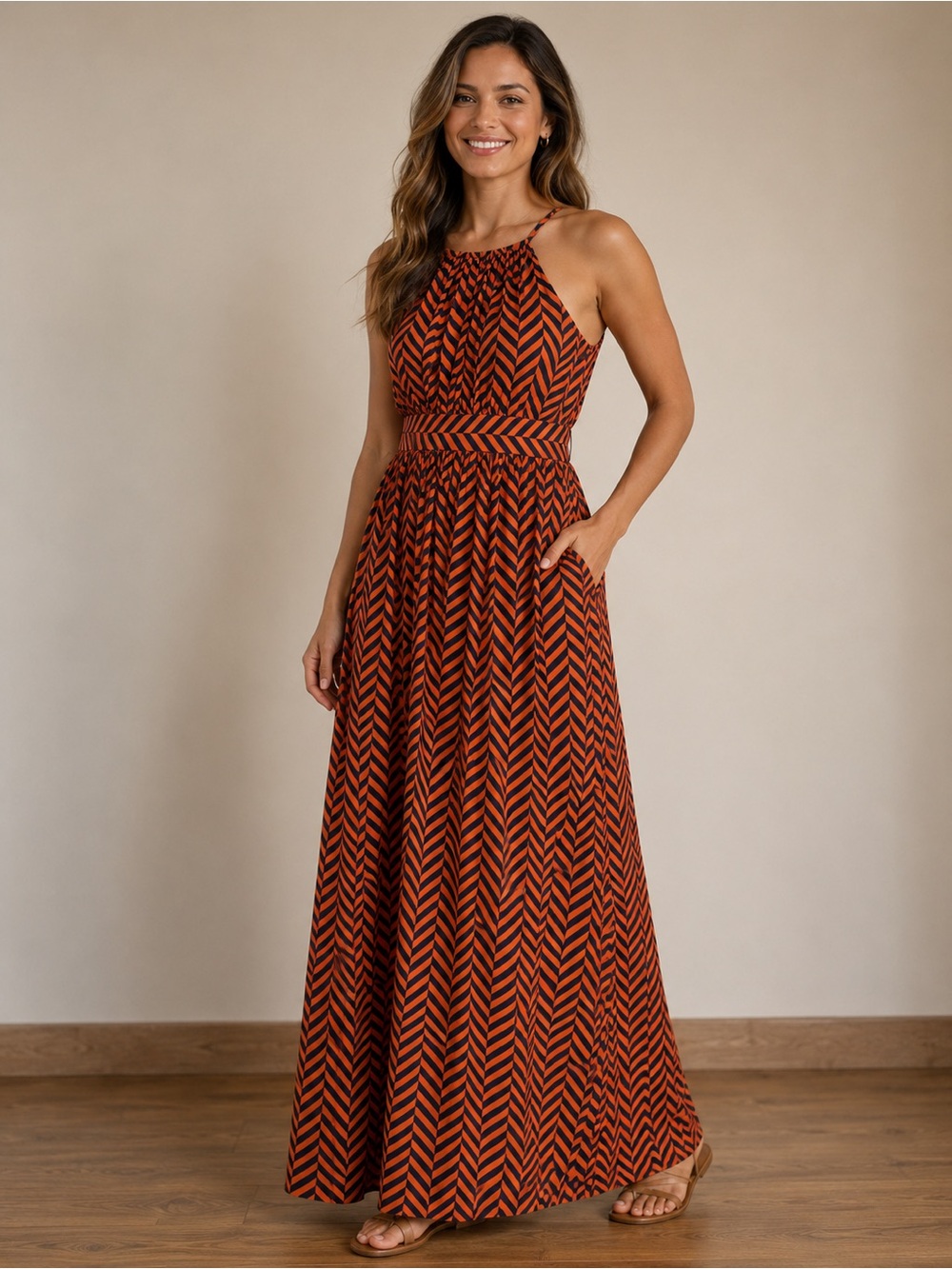 High-Neck Chevron Maxi Dress in Rust and Black Ann Taylor Loft